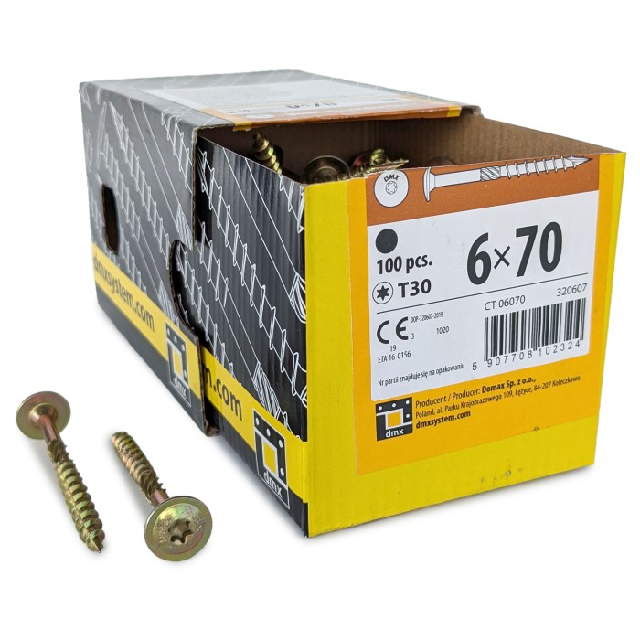 Шурупы конструкционные Domax 6.0x70/40 CT TX30 (Жёлтый цинк, тарелка, 100шт)