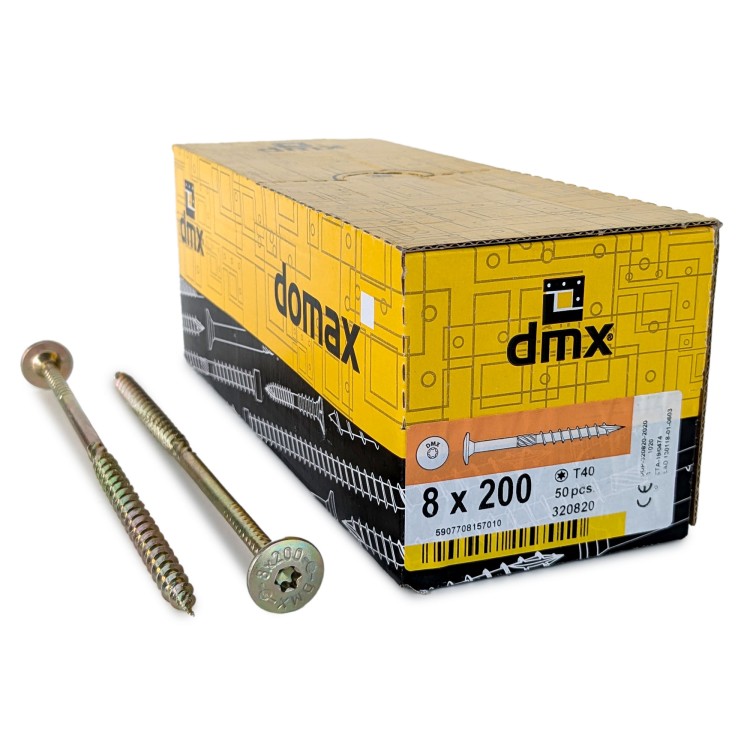 Шурупы конструкционные Domax 8.0x200/100 CT TX40 (Жёлтый цинк, тарелка, 50шт)