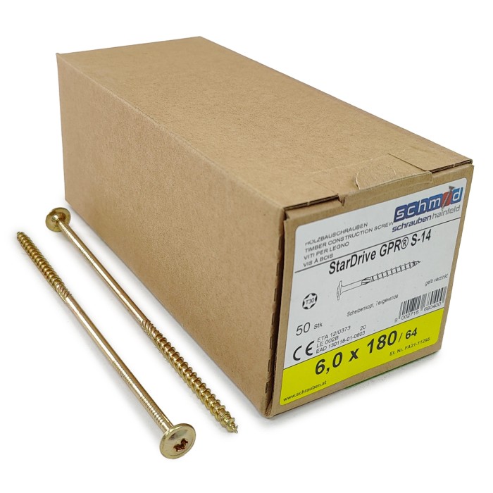 Шурупы Schmid StarDrive GPR 6.0x180/64 TK TX30 (Жёлтый цинк, тарелка, 50шт)