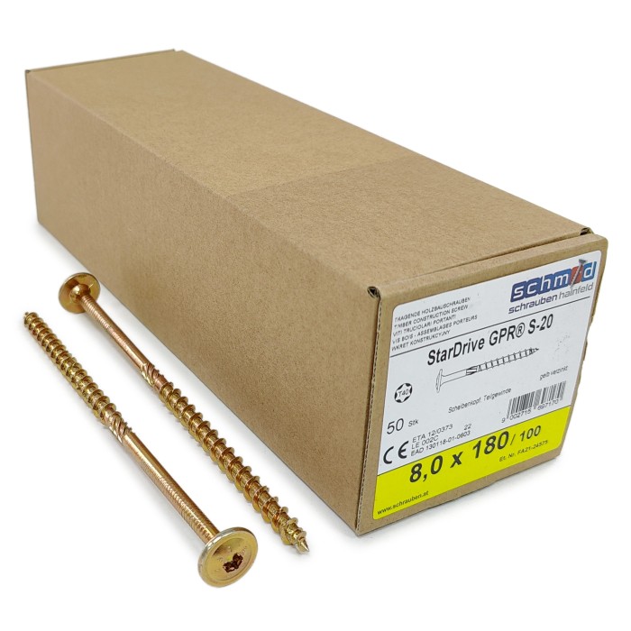 Шурупы Schmid StarDrive GPR 8.0x180/100 TK TX40 (Жёлтый цинк, тарелка, 50шт)