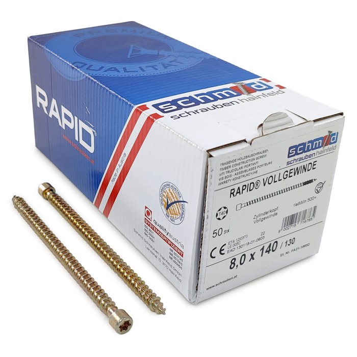 Шурупы Schmid Rapid FT CL 8.0x140/130 TX40 (Жёлтый цинк, полная резьба, цилиндр, 50шт)
