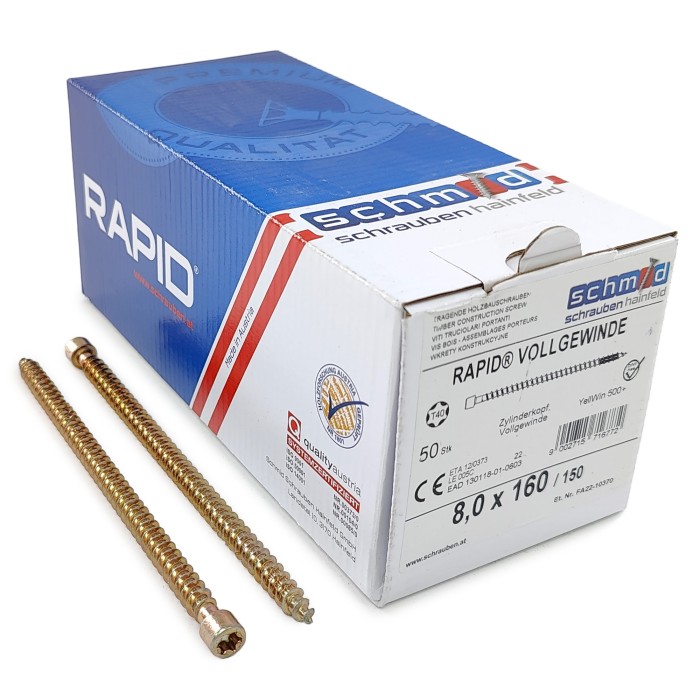 Шурупы Schmid Rapid FT CL 8.0x160/150 TX40 (Жёлтый цинк, полная резьба, цилиндр, 50шт)