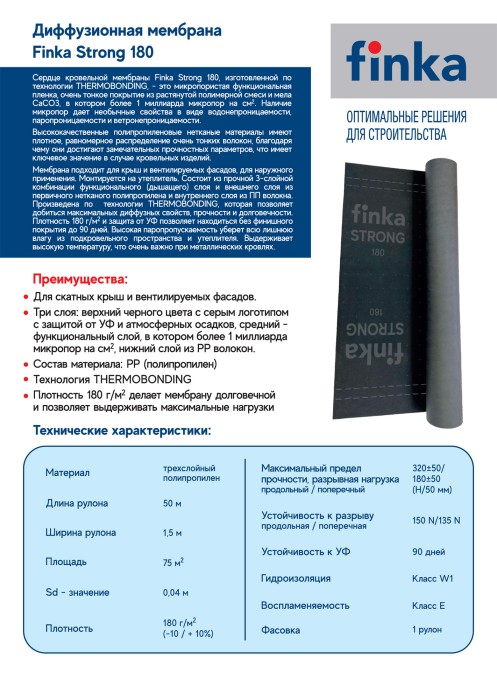 Диффузионная мембрана Finka Strong 180 1,5х50м 75м2