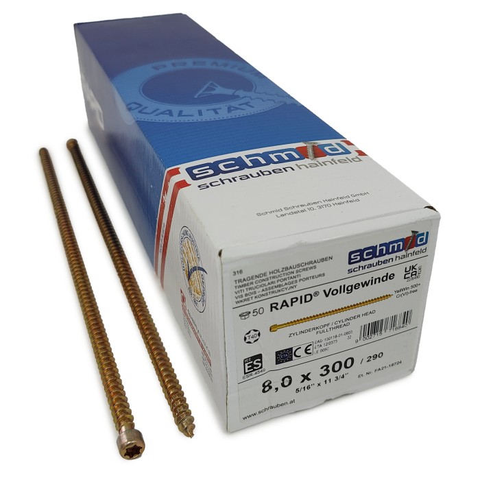 Шурупы Schmid Rapid FT CL 8.0x300/290 TX40 (Жёлтый цинк, полная резьба, цилиндр, 50шт)