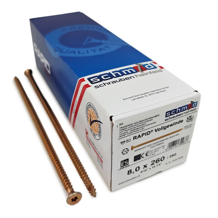 Шурупы Schmid Rapid FT SK Half-tip 8.0x260/250 TX40 (Жёлтый цинк, полная резьба, потай, 50шт)