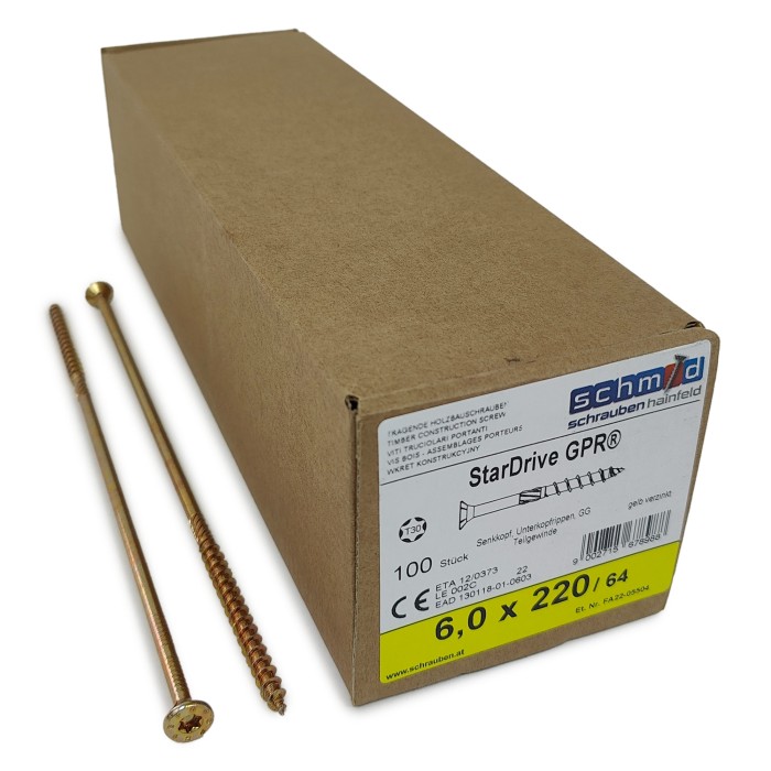 Шурупы Schmid StarDrive GPR 6.0x220/64 SK TX30 (Жёлтый цинк, потай, 100шт)