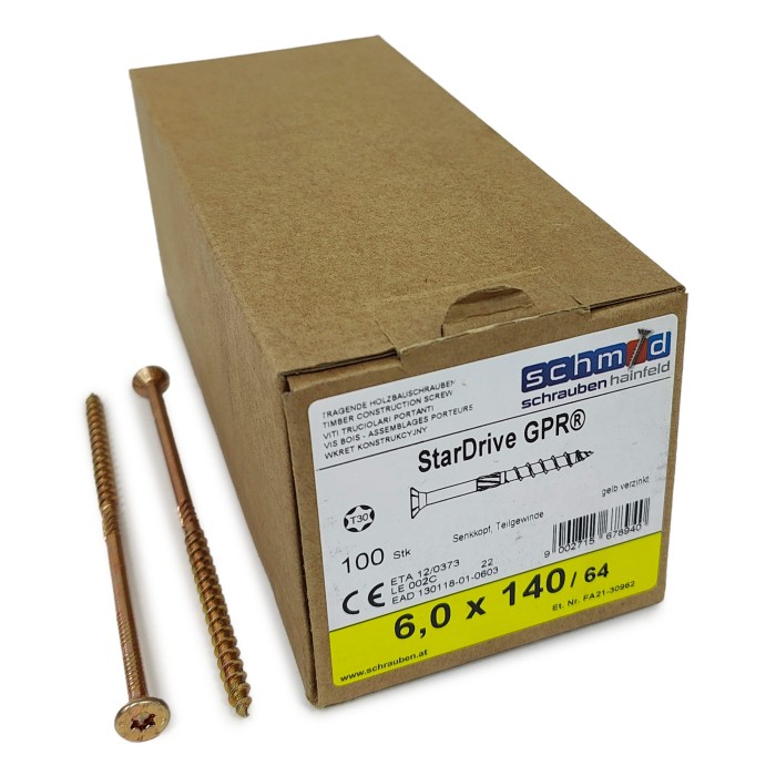 Шурупы Schmid StarDrive GPR 6.0x140/64 SK TX30 (Жёлтый цинк, потай, 100шт)