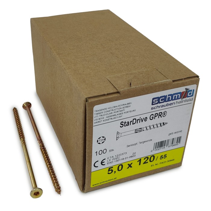 Шурупы Schmid StarDrive GPR 5.0x120/55 SK TX25 (Жёлтый цинк, потай, 100шт)