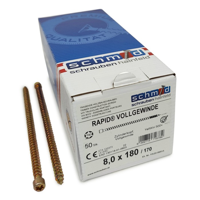 Шурупы Schmid Rapid FT CL 8.0x180/170 TX40 (Жёлтый цинк, полная резьба, цилиндр, 50шт)