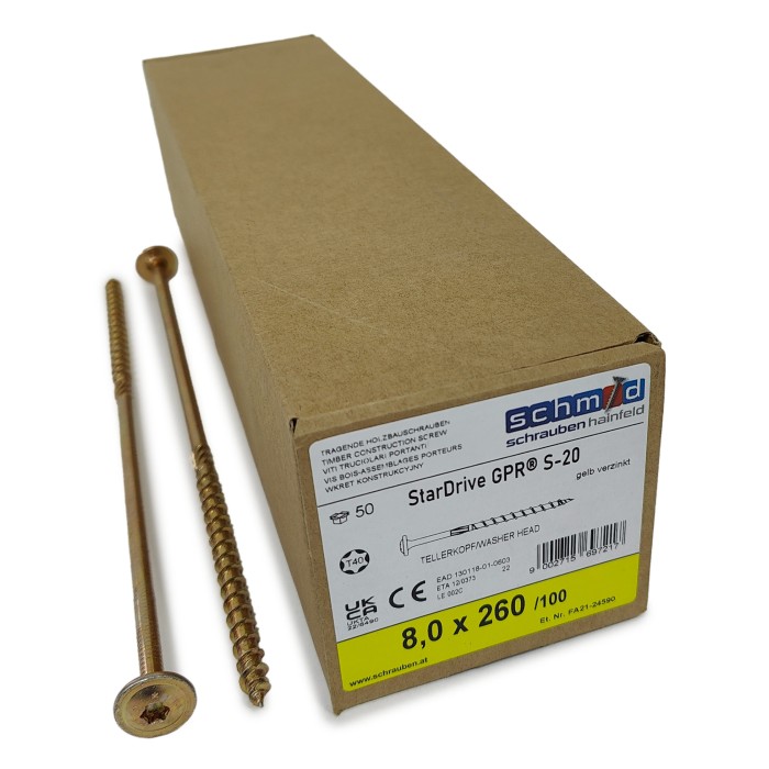 Шурупы Schmid StarDrive GPR 8.0x260/100 TK TX40 (Жёлтый цинк, тарелка, 50шт)