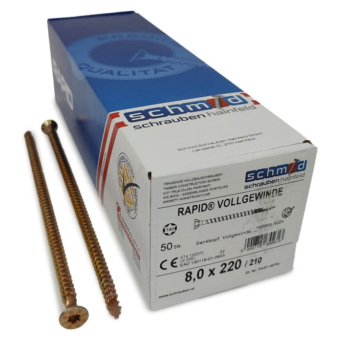 Шурупы Schmid Rapid FT SK Half-tip 8.0x220/210 TX40 (Жёлтый цинк, полная резьба, потай, 50шт)