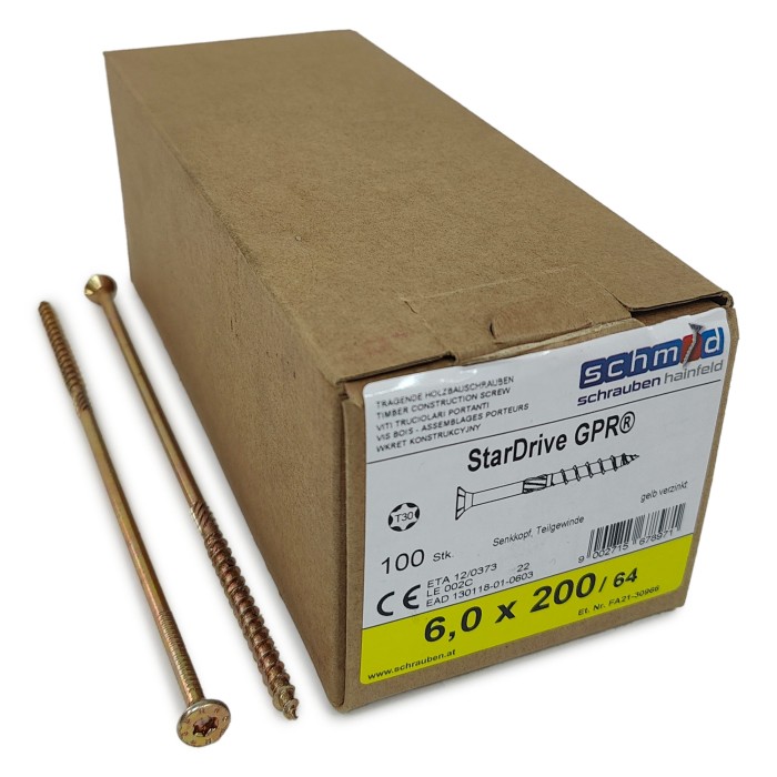 Шурупы Schmid StarDrive GPR 6.0x200/64 SK TX30 (Жёлтый цинк, потай, 100шт)